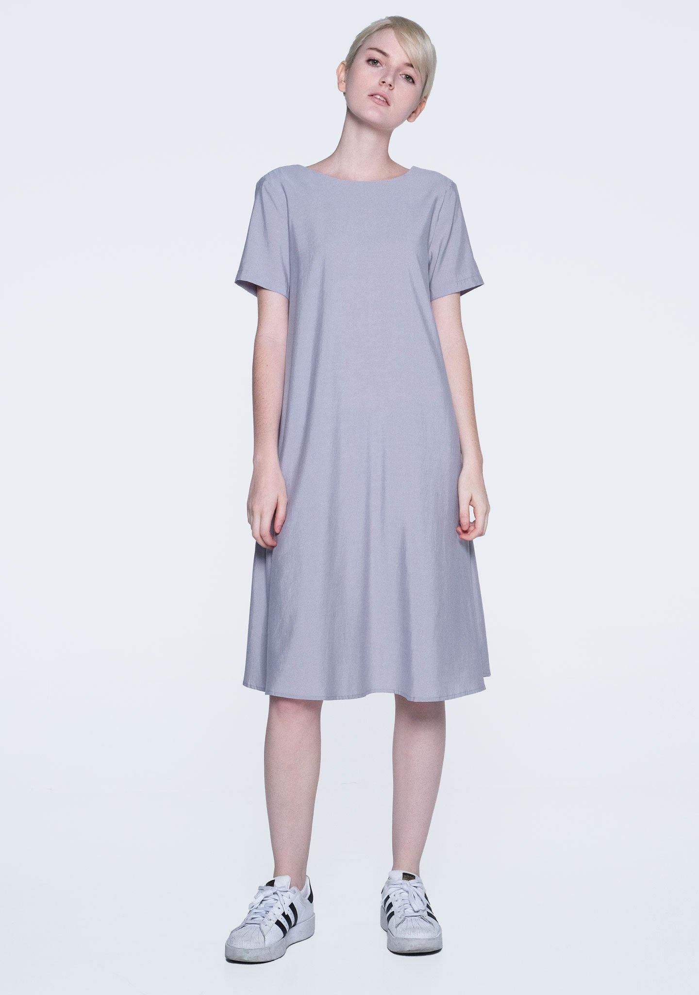 TARYN V-BACK SHORT SLEEVES MIDI DRESS - SHALE GREY - SALIENT LABEL