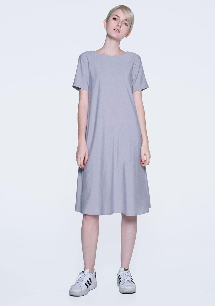 TARYN V-BACK SHORT SLEEVES MIDI DRESS - SHALE GREY - SALIENT LABEL