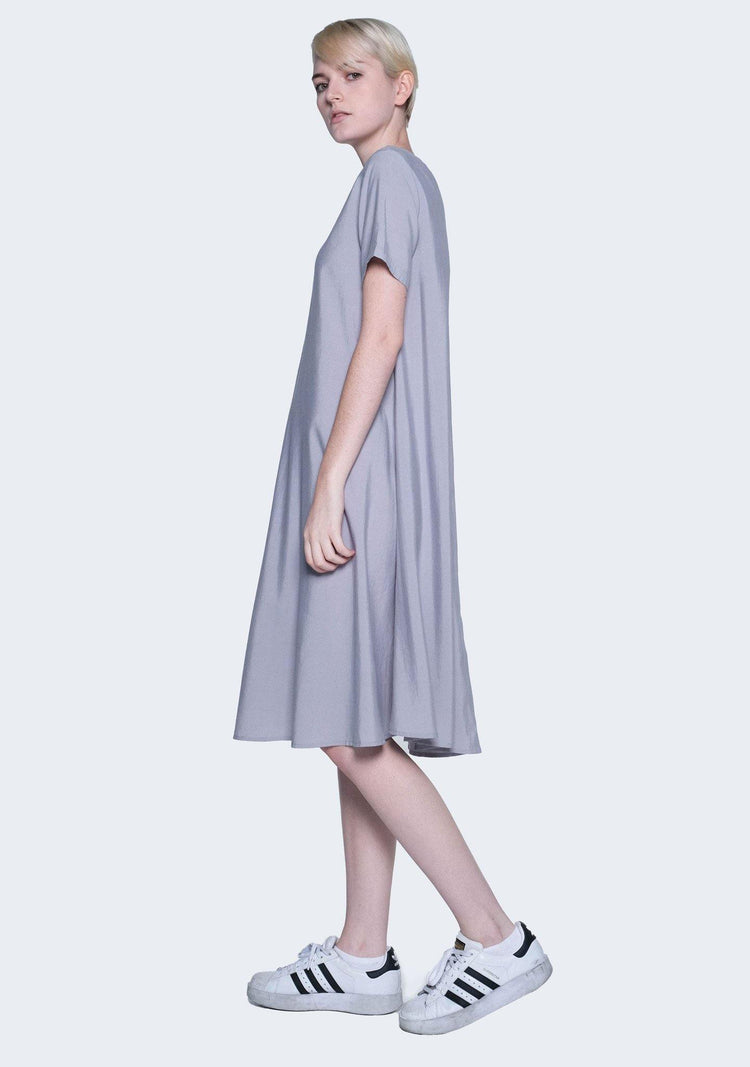 TARYN V-BACK SHORT SLEEVES MIDI DRESS - SHALE GREY - SALIENT LABEL