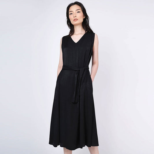 This dress is a V-neck midi sleeveless dress made from Cupro and Viscose