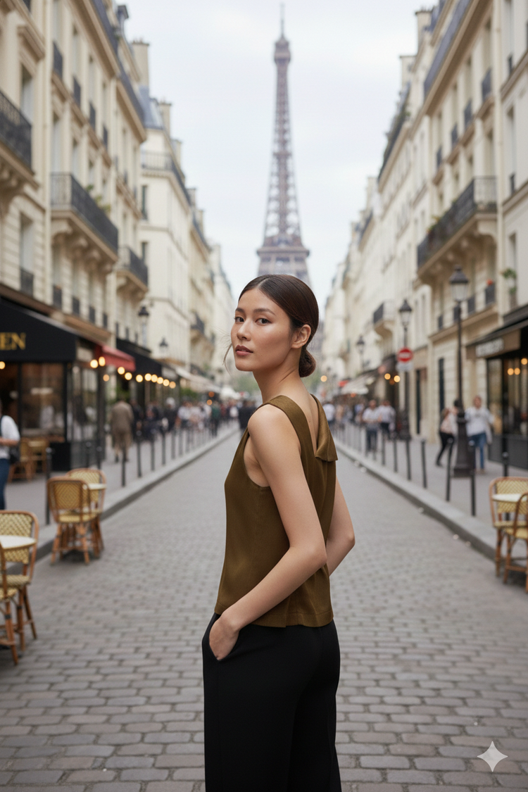 Jean Fold Back Top With Sash in Olive Green