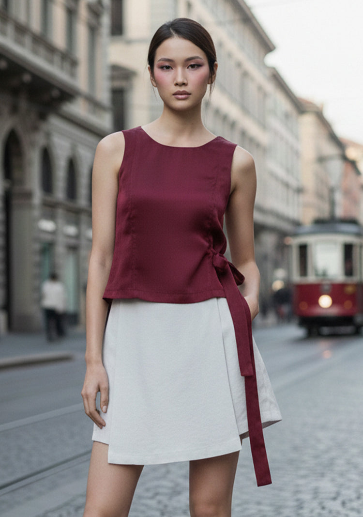 Jean Fold Back Top With Sash in Carmine Red