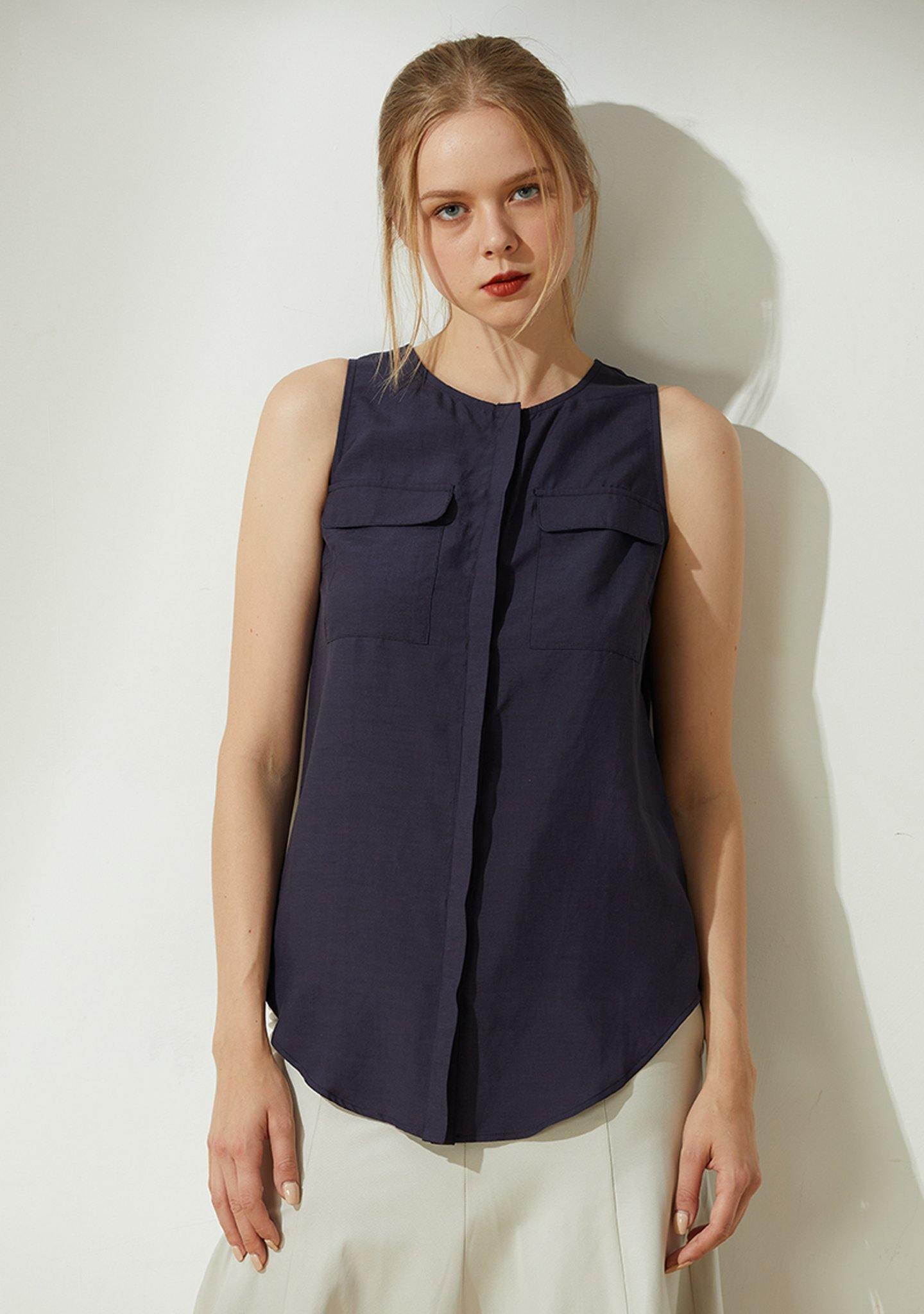 Malv Button-down Top with Slit Back in Navy - SALIENT LABEL