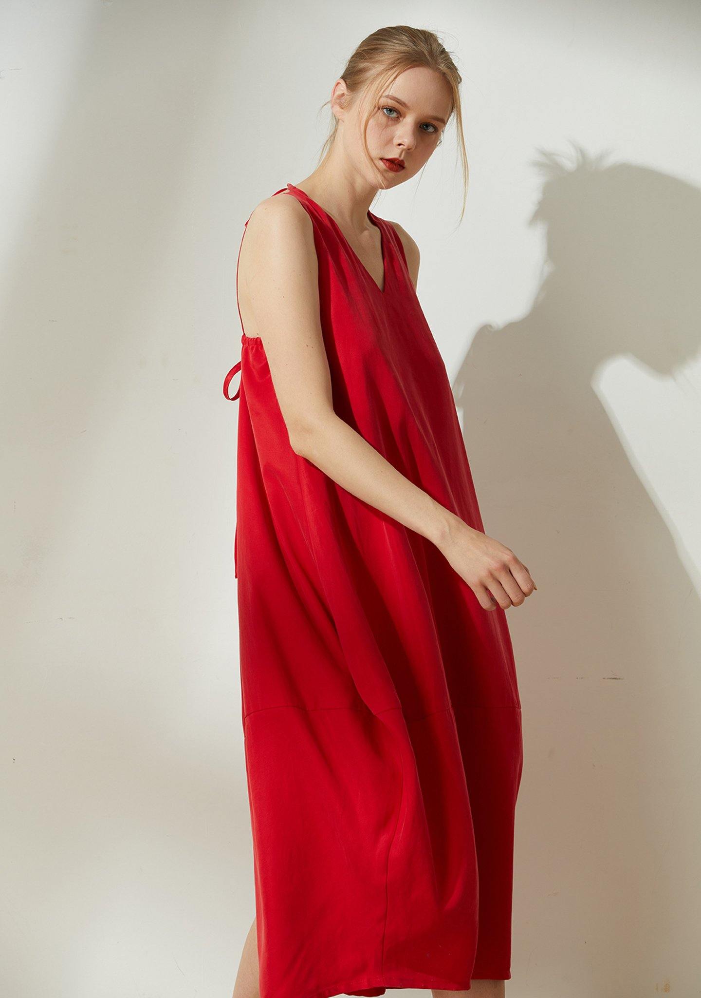 Hekate V-neck Cupro Cocoon Dress - Bright Red - SALIENT LABEL