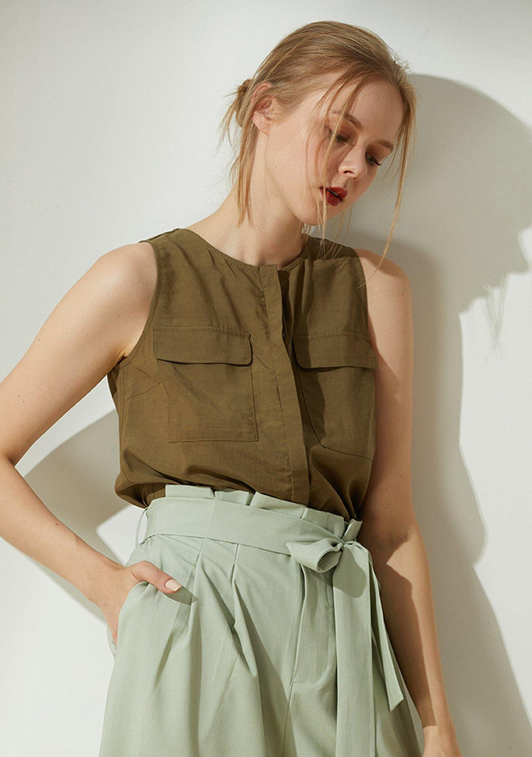 Malv Viscose Button-down Top with Slit Back in Khaki - SALIENT LABEL