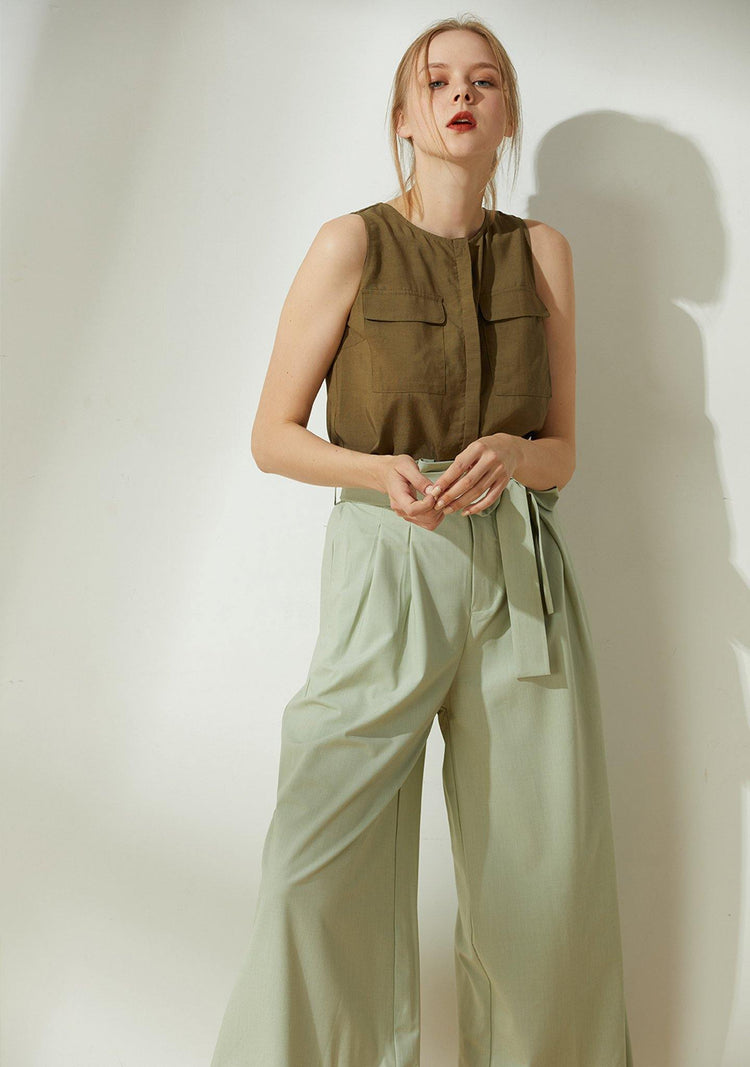 Malv Viscose Button-down Top with Slit Back in Khaki - SALIENT LABEL