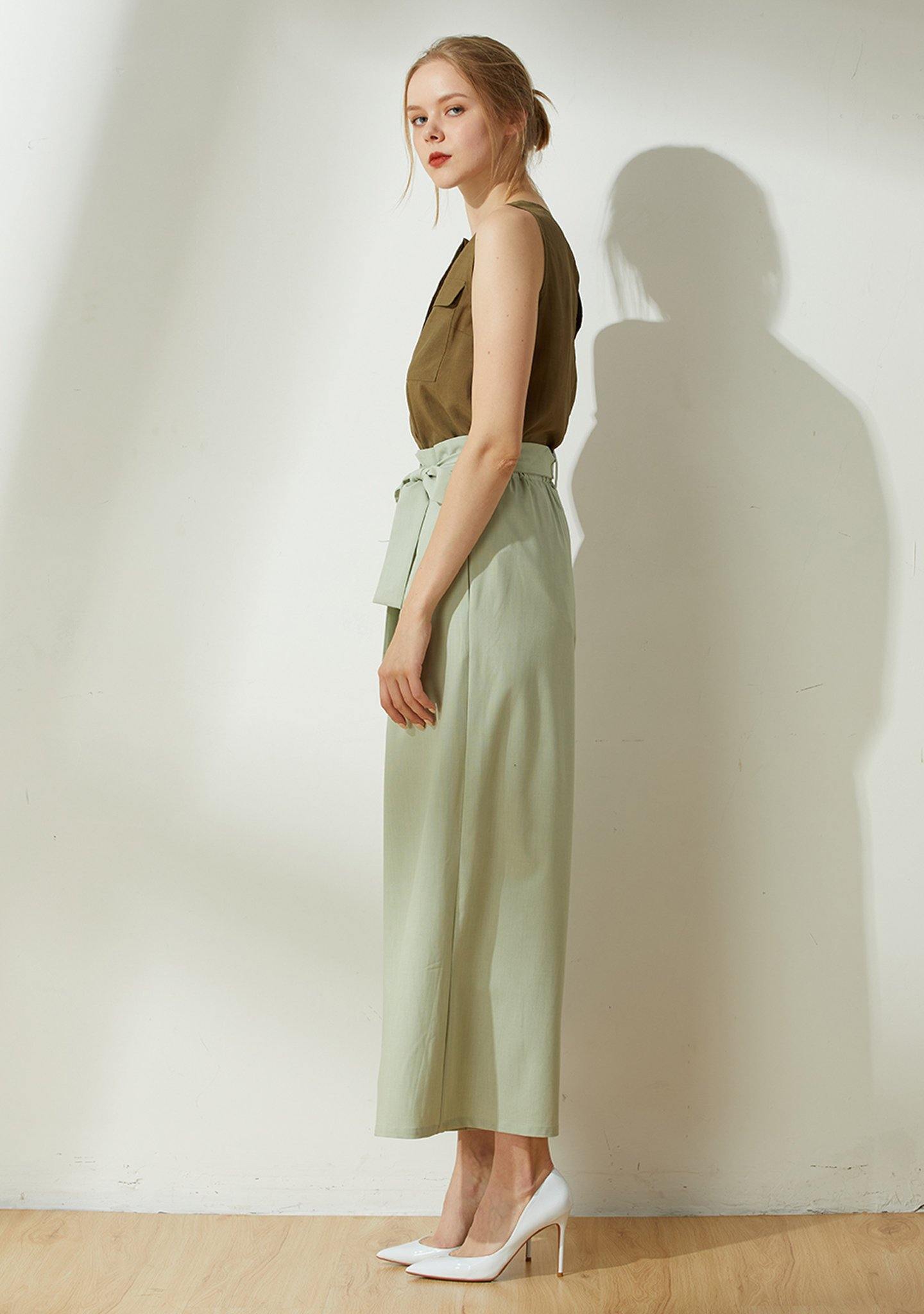 Malv Viscose Button-down Top with Slit Back in Khaki - SALIENT LABEL