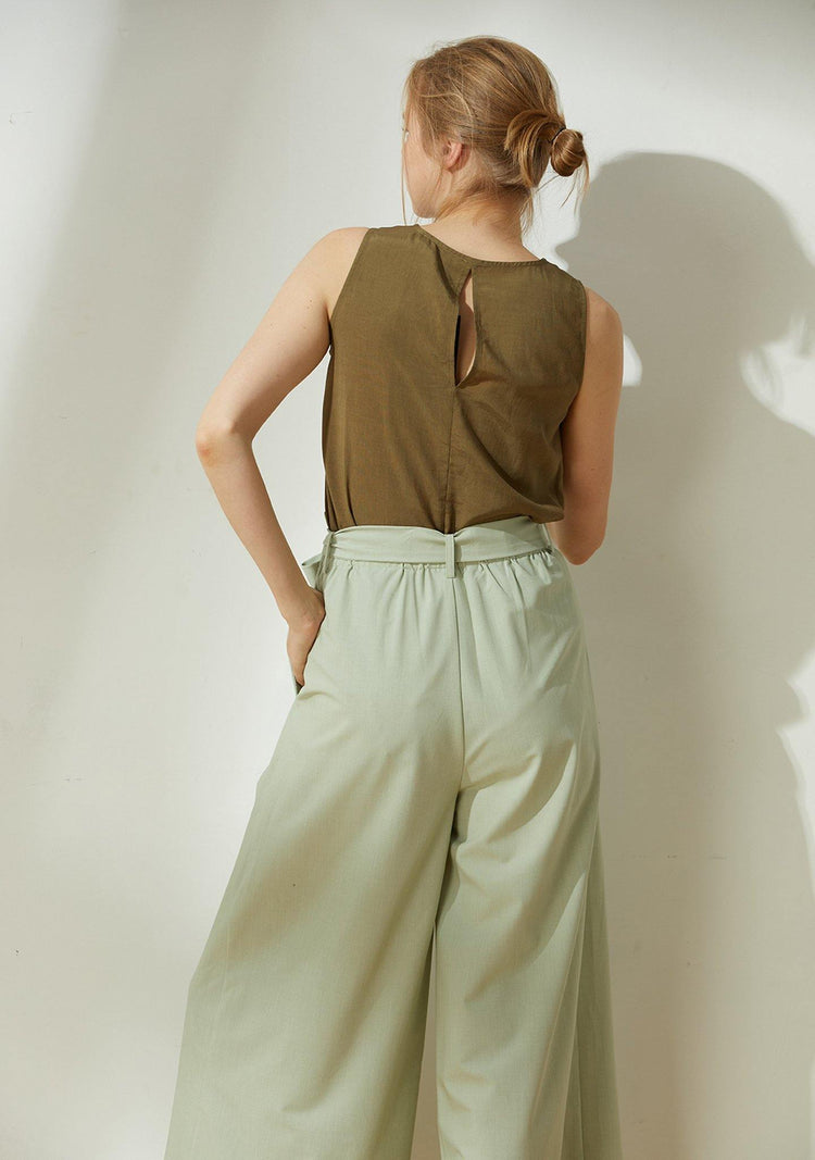 Malv Viscose Button-down Top with Slit Back in Khaki - SALIENT LABEL