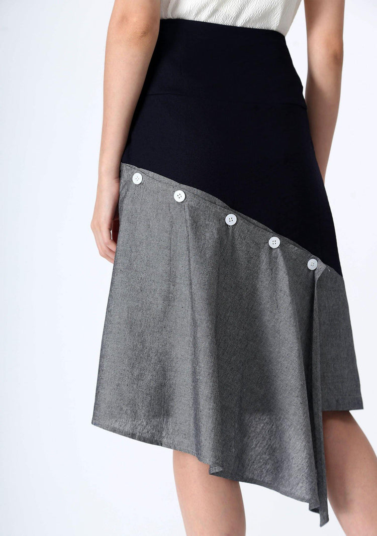 RAVELLO BACK DRAPED BUTTON DETAIL SKIRT IN GREY CLOUD - SALIENT LABEL