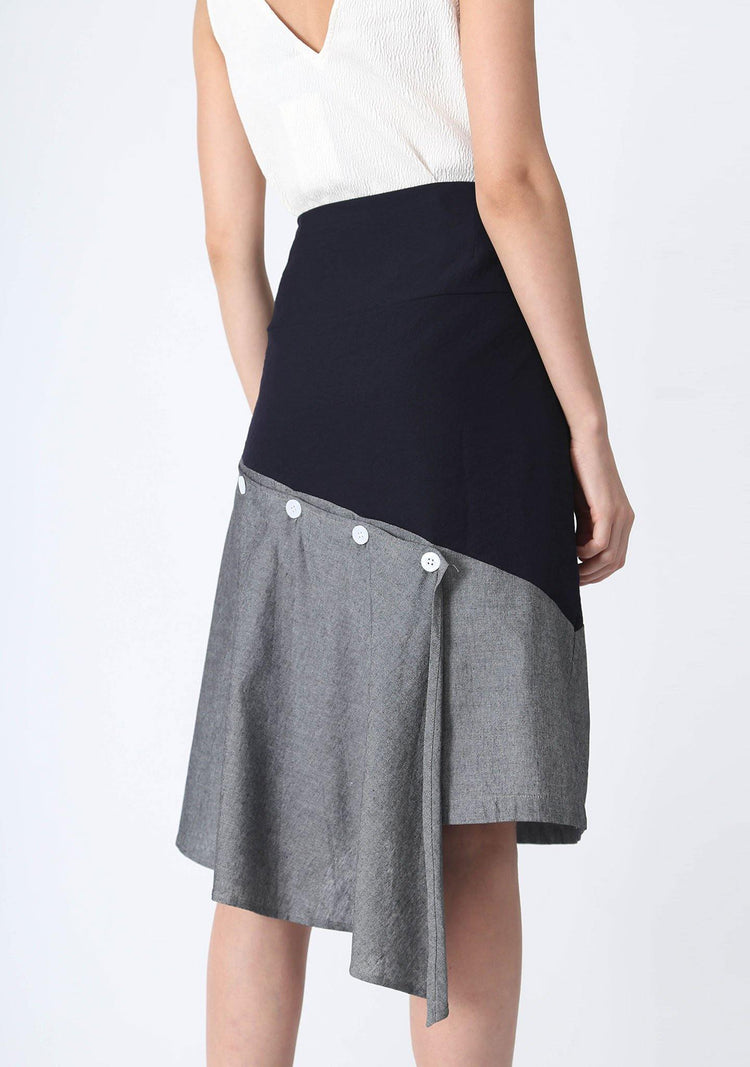 RAVELLO BACK DRAPED BUTTON DETAIL SKIRT IN GREY CLOUD - SALIENT LABEL